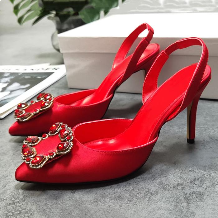 Women's red pointed closed toe slingback heels pump sandals for wedding