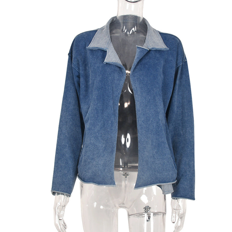 Women's light wash denim jacket coat lapel collar blue denim jacket