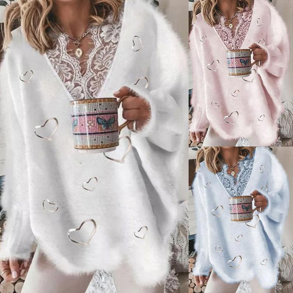 Lace v neck pullover fuzzy oversized sweater