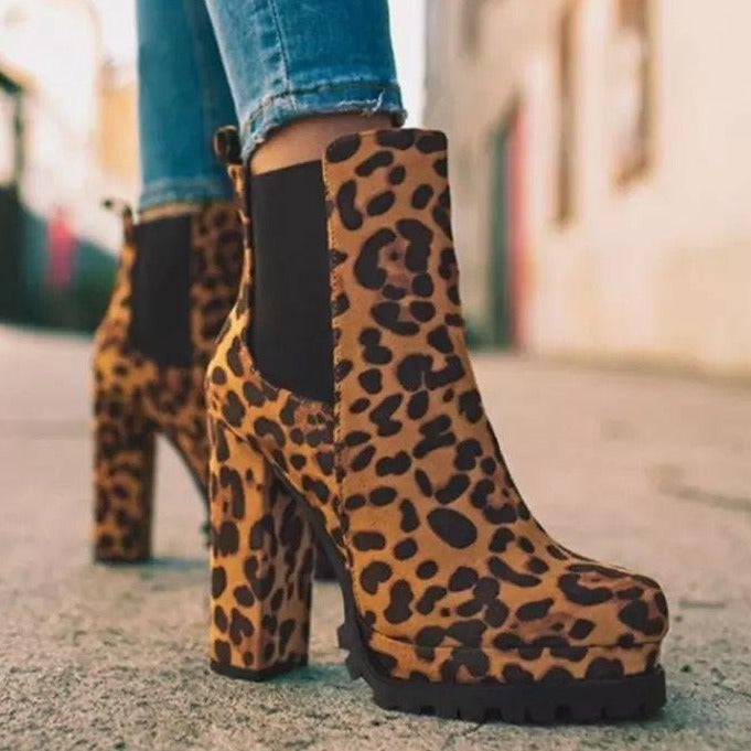 Women slip on chunky high heel short chelsea booties