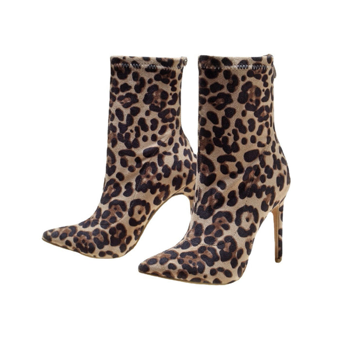 Women's leopard faux suede pointed toe stiletto booties