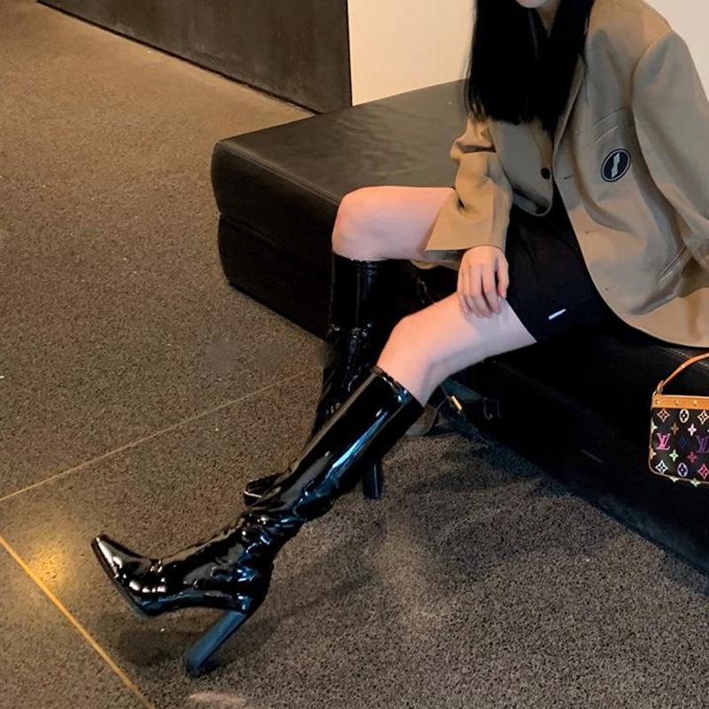 Women black pointed toe slim fit chunky high heel PU patent leather boots