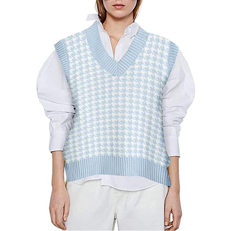 Women plaid knitted v neck houndstooth sweater vest