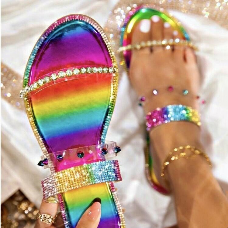 Women's rhinestone rainbow colorful slide sandals