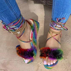 Women's fuzzy ankle lace-up  rhinestone platform sandals
