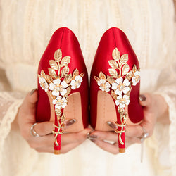 Women flower rhinestone heeled stiletto pumps wedding bridal pumps