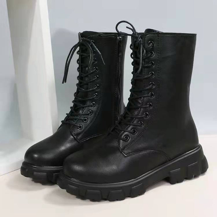 Women's chunky platform mid calf combat boots England style lace-up boots