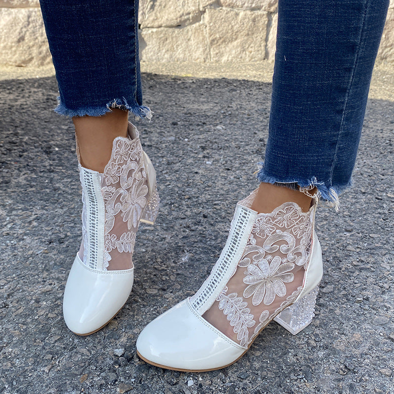 Women's floral mesh chunky block heel summer booties