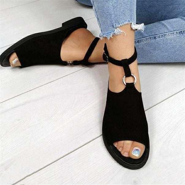 Women's peep toe flat ankle buckle strap gladiator beach sandals
