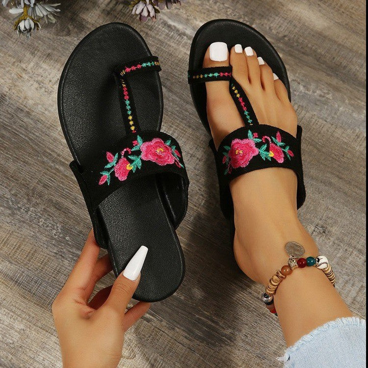 Women's embroidery toe ring slides Black floral T-strap sandals Summer beach slides