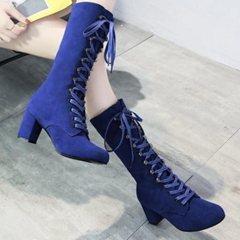 Faux suede lace-up chunky high heel tall boots for women