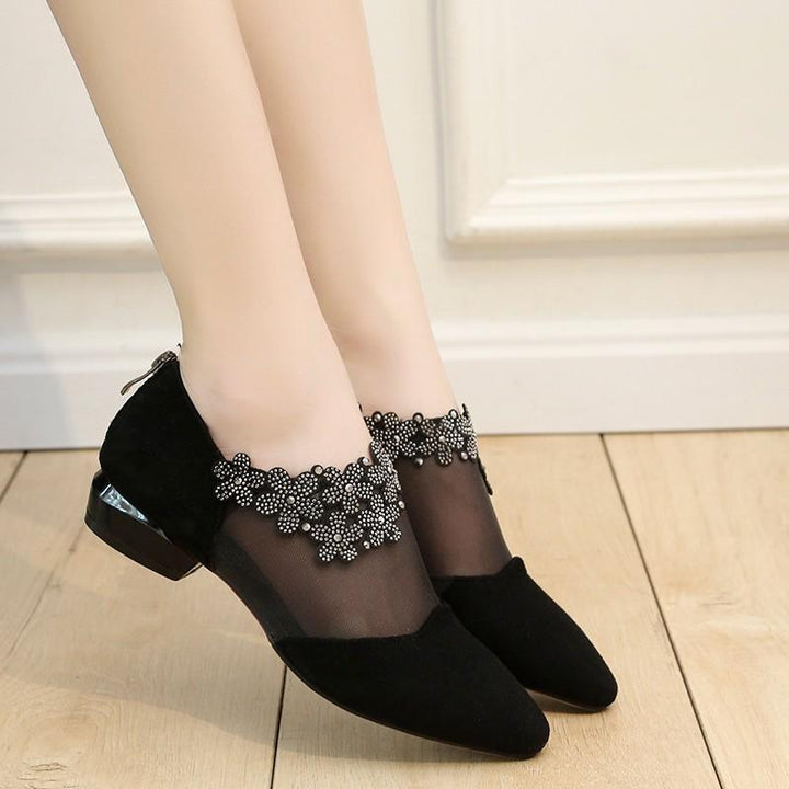 Crystal flower black mesh pointd toe low heel sandals