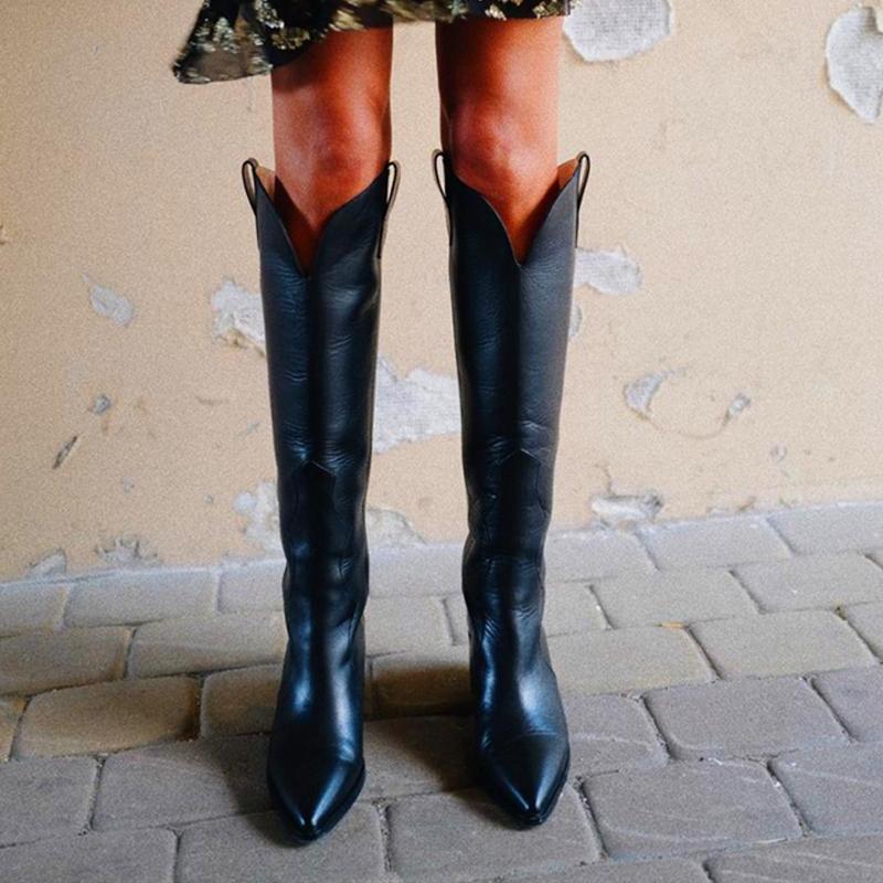 Women's black pointed toe block heel knee high boots