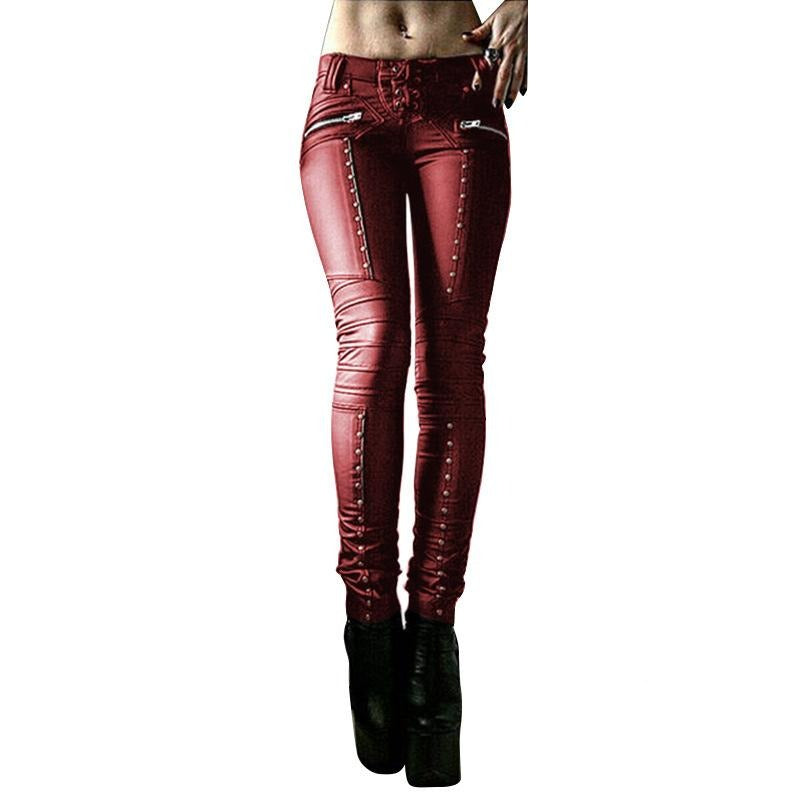 Women's rivets PU leather pencil pants gothic tight leggings pants