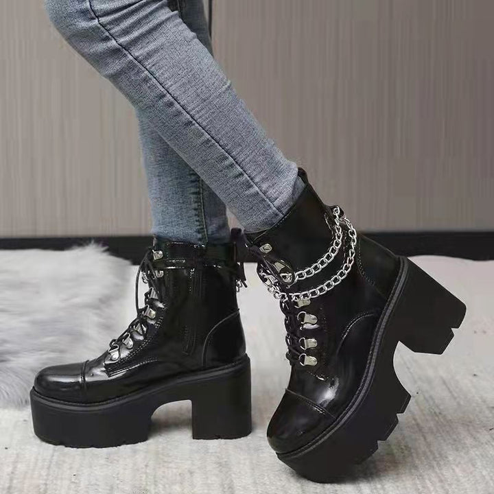 Women' black metal chains steampunk lace-up booties block heel gothic boots