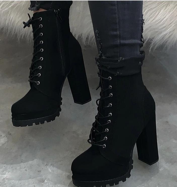 Women black front lace chunky high heel booties