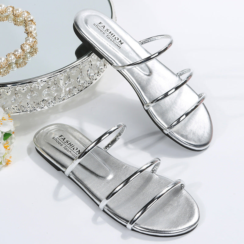 Women's metallic strappy slides Cute sandals 3 straps slide sandals