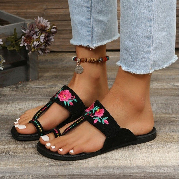 Women's embroidery toe ring slides Black floral T-strap sandals Summer beach slides
