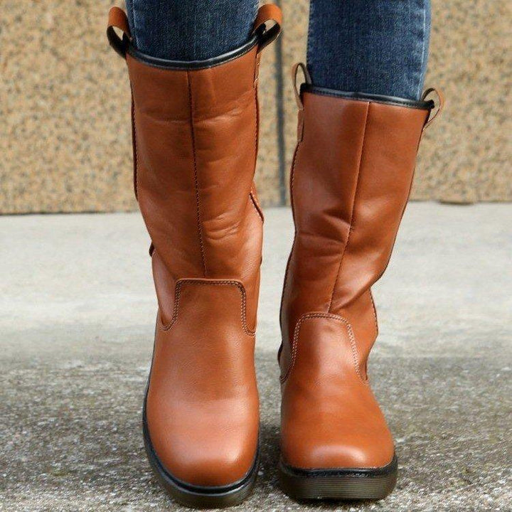 Women's brown round toe mid calf boots
