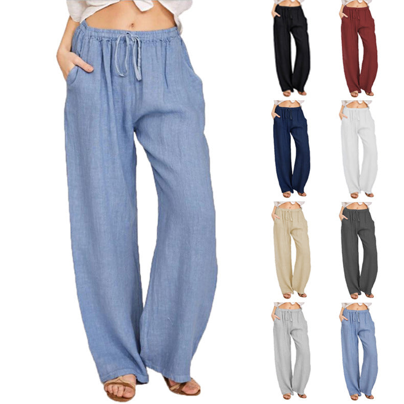 Women's cotton linen drawstring pants loose fit wide leg pants