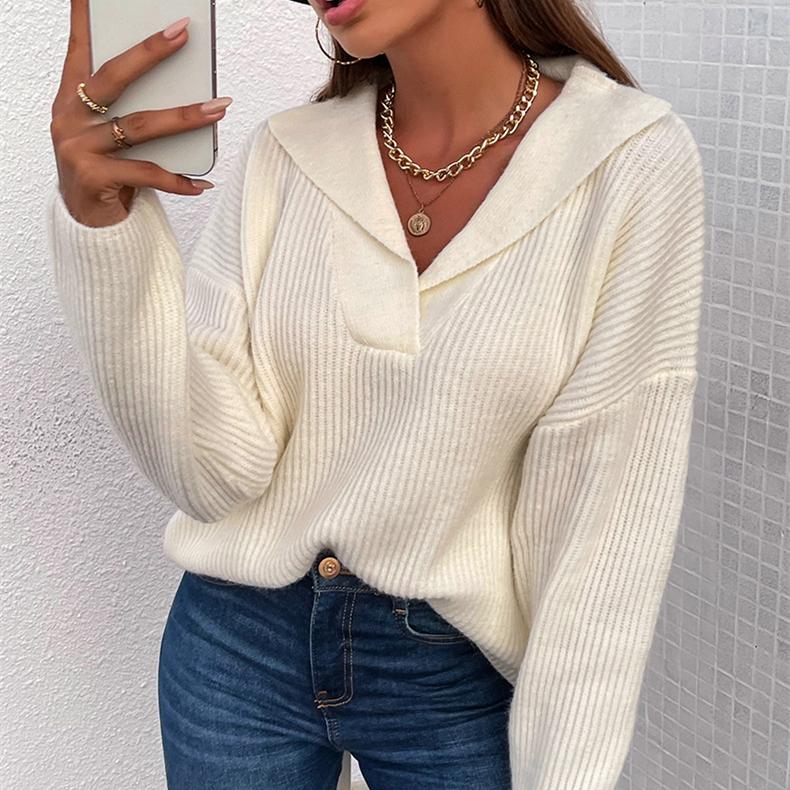 Women knitted v neck long sleeves loose fit sweater