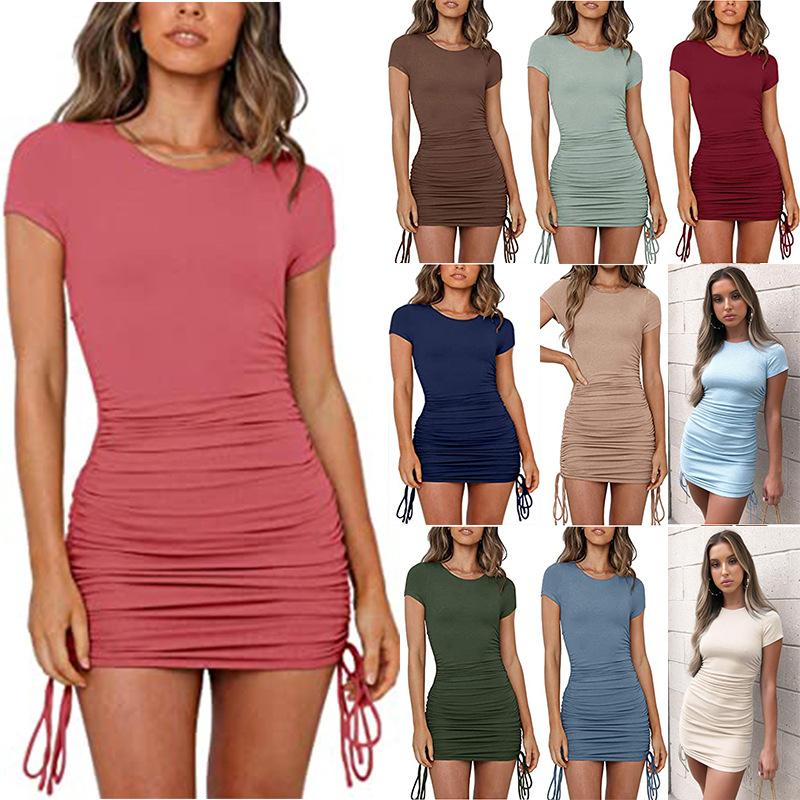 Women's casual crew neck summer ruched bodycon mini dress