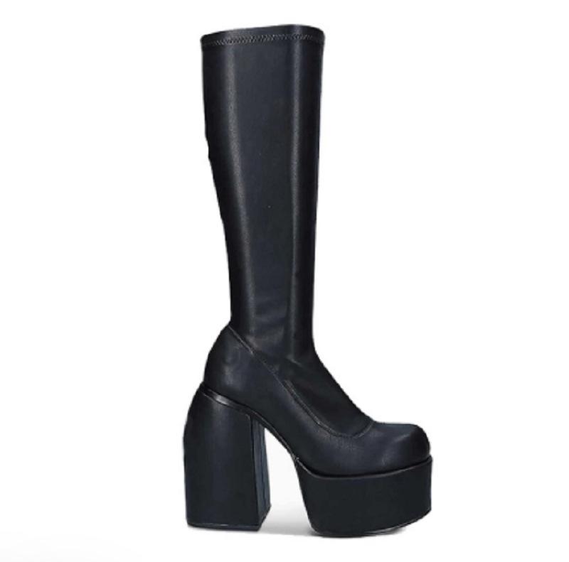 Black slim fit stretchy chunky high heel mid calf boots for women