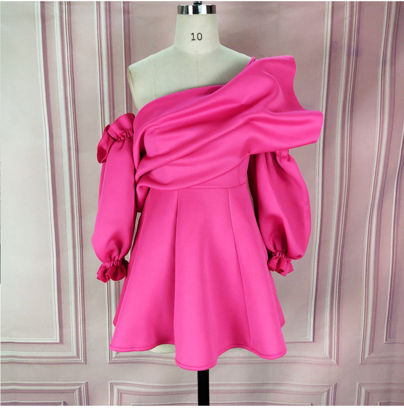 Summer sexy hot pink paghetti strap cold shoulder ruffles lantern sleeves mini dress for party