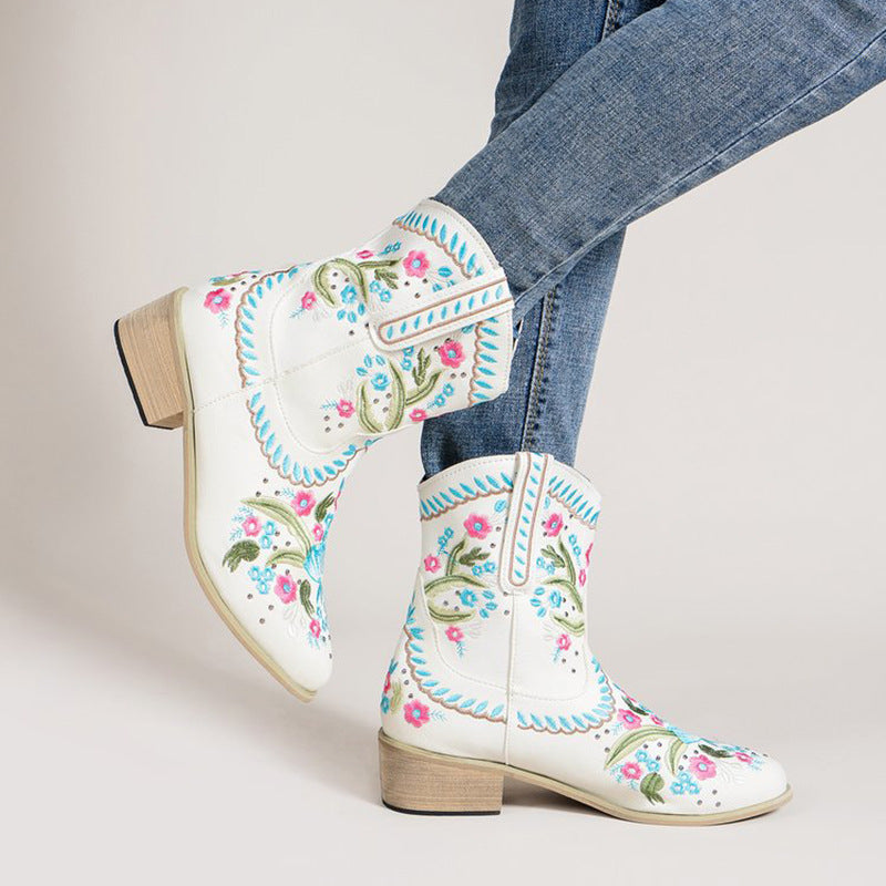Flower embroidery white block heels cowboy boot for women Short western booties