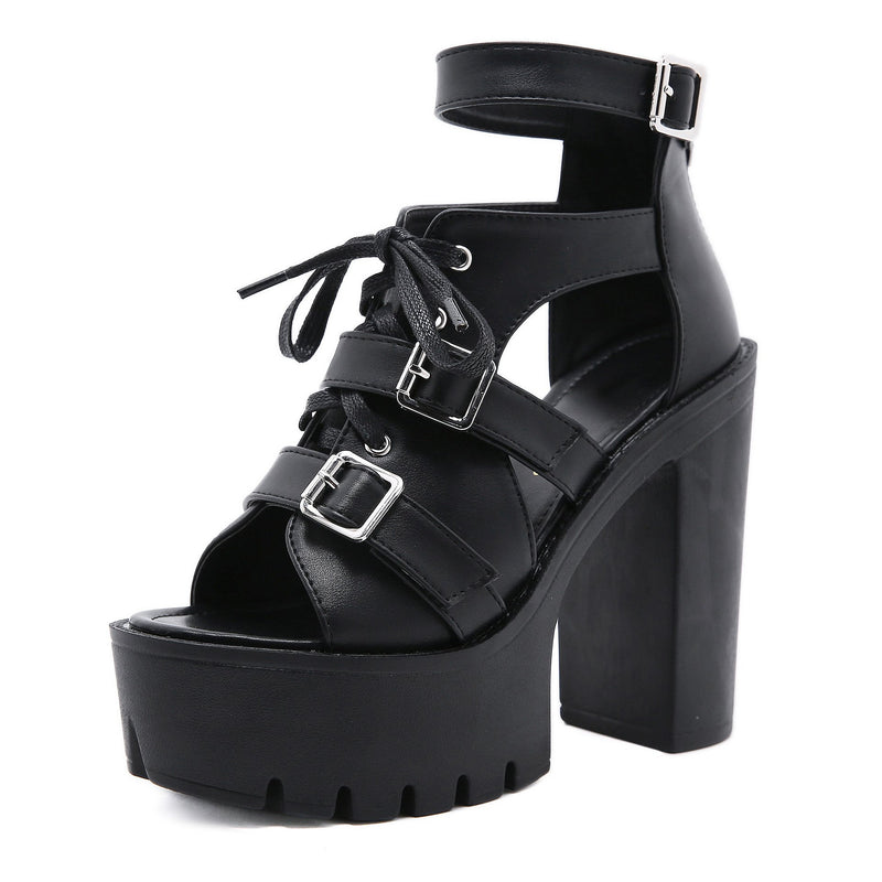 Women's black peep toe chunky high heel ankle strap sandals