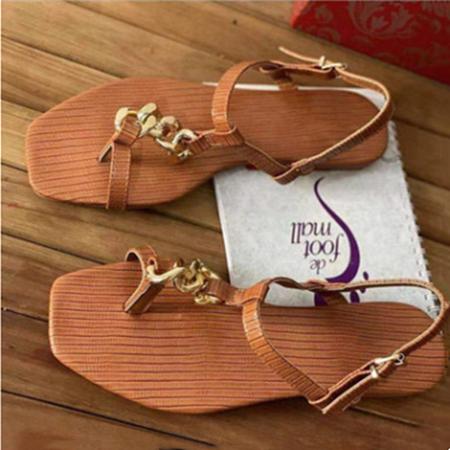Women's ring toe T-strap sandals square open toe flat beach sandals