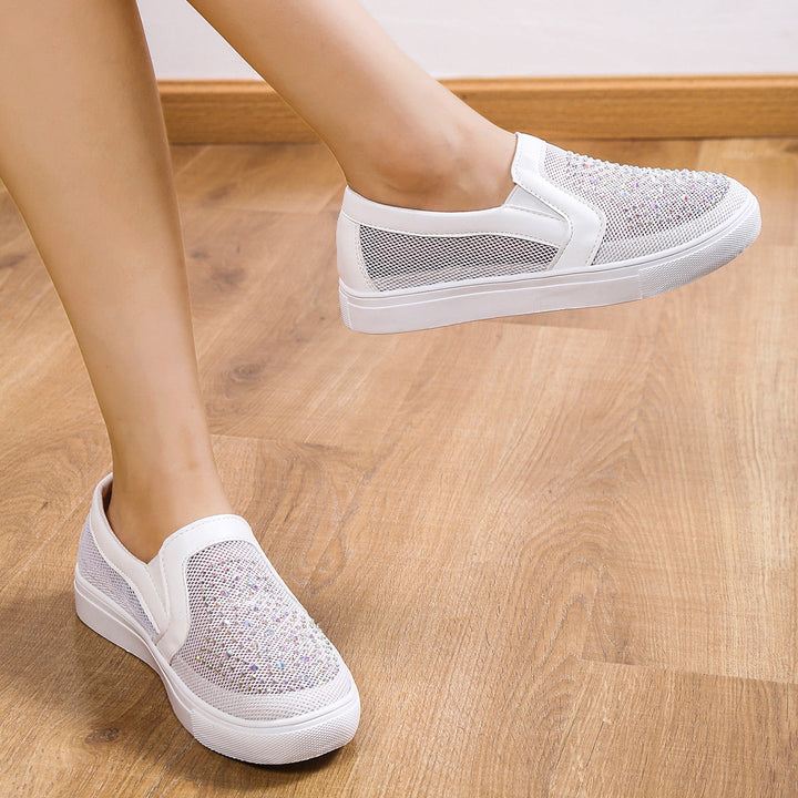 Women's rhinestone mesh hollow sneakers summer slip on casual shoes