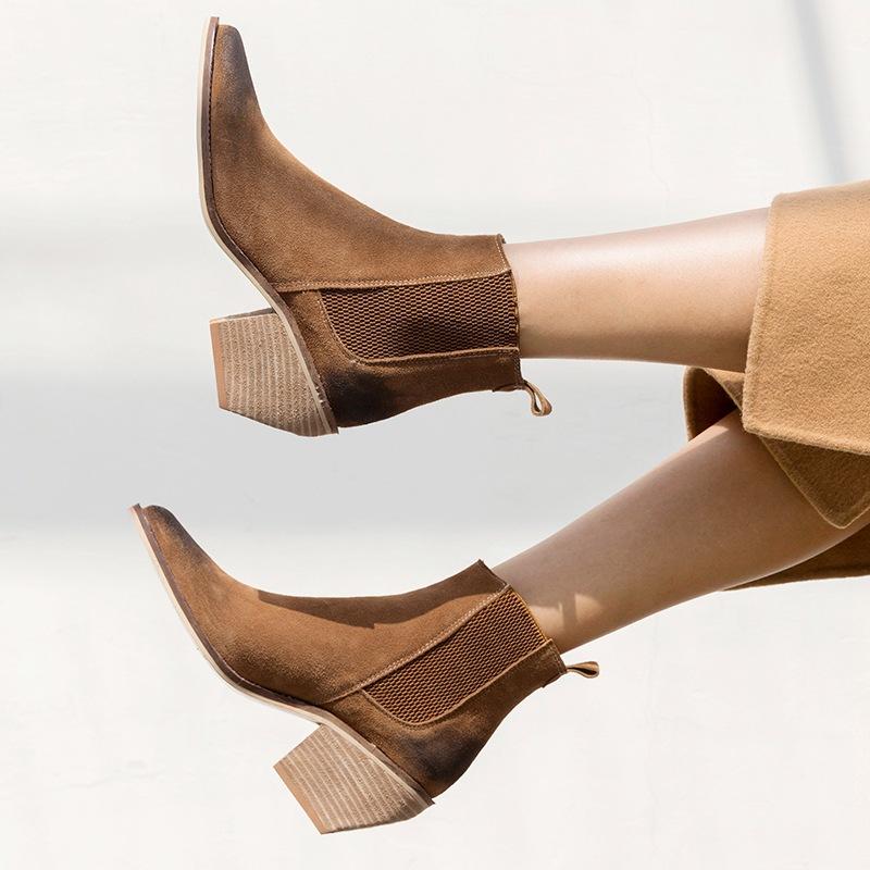 Women's retro faux suede stacked block heel chelsea booties