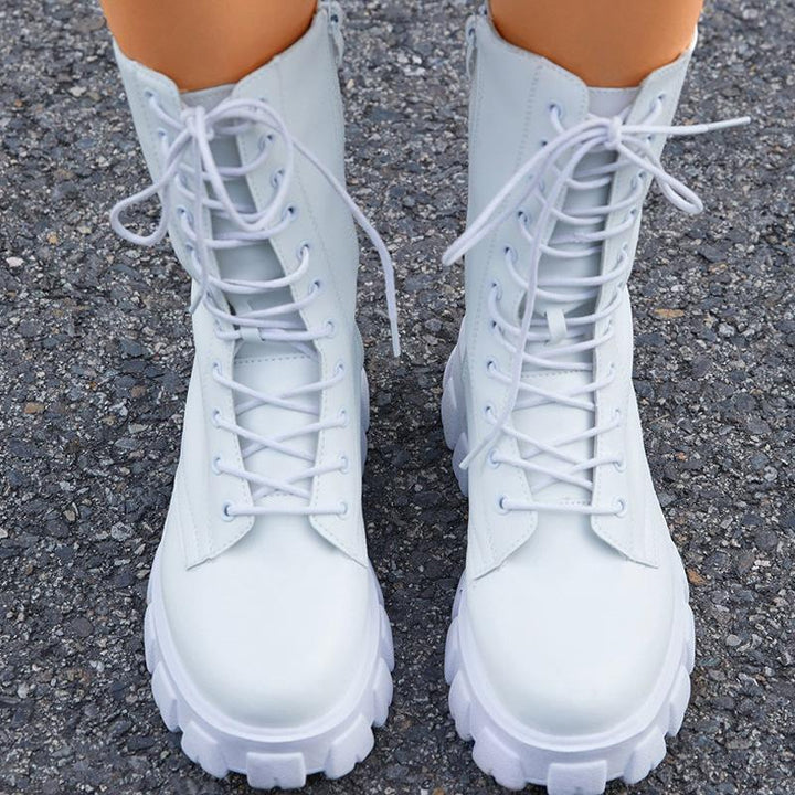 Women's chunky platform lace-up boots round toe mid calf combat boots