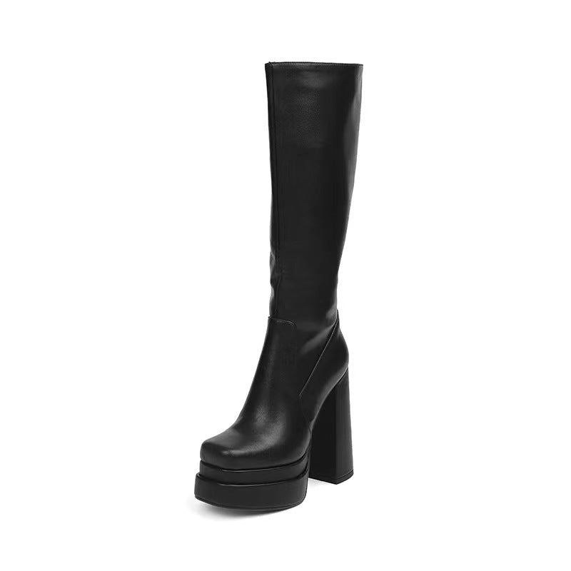 Women's black chunky high heels knee high boots slimming knee high boots for party
