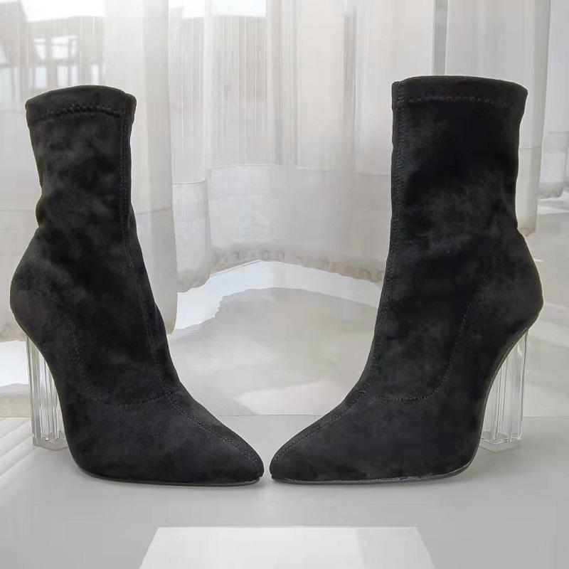 Sexy clear high heels faux suede booties