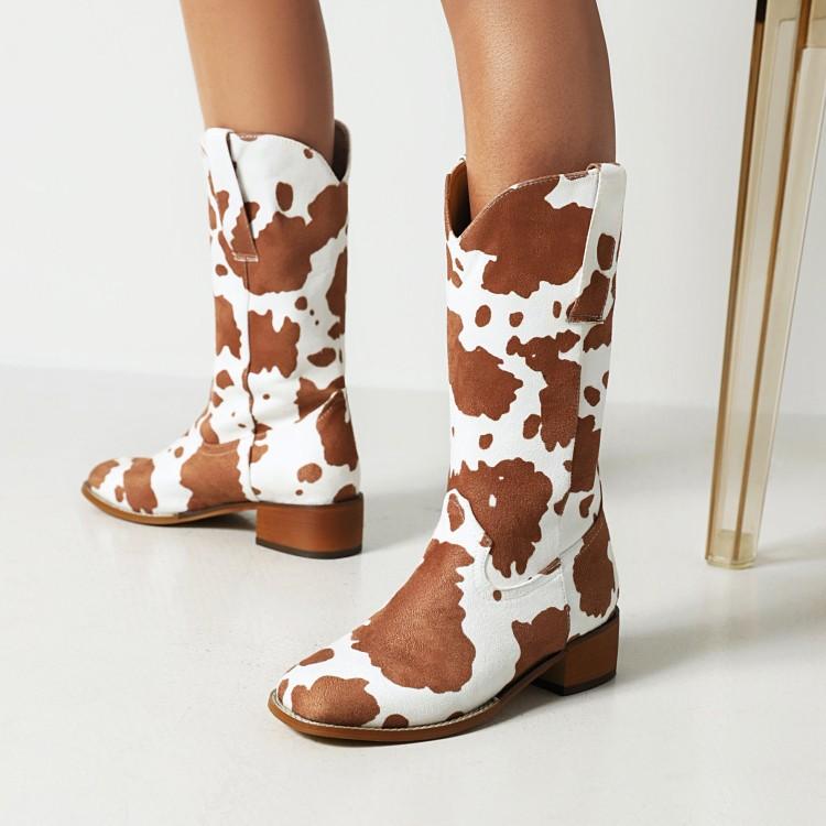 Black white cow-print mid calf boots