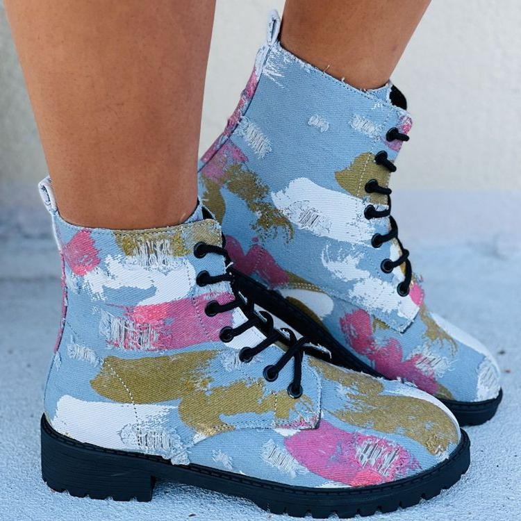 Women's blue graffiti front lace ankle booties | chunky low heel  round toe combat boots martin boots