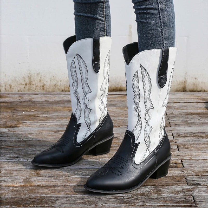 Women's flower embroidery block heel mid calf western boots