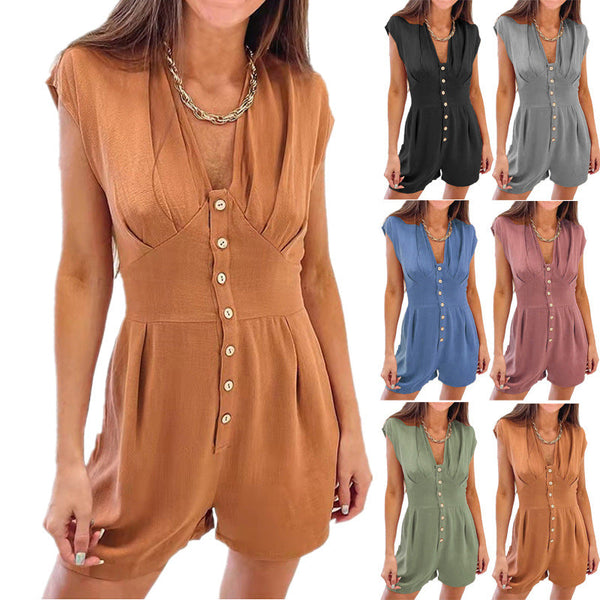 Women's v neck button-down rompers with pockets casual jumpsuits shorts for summer