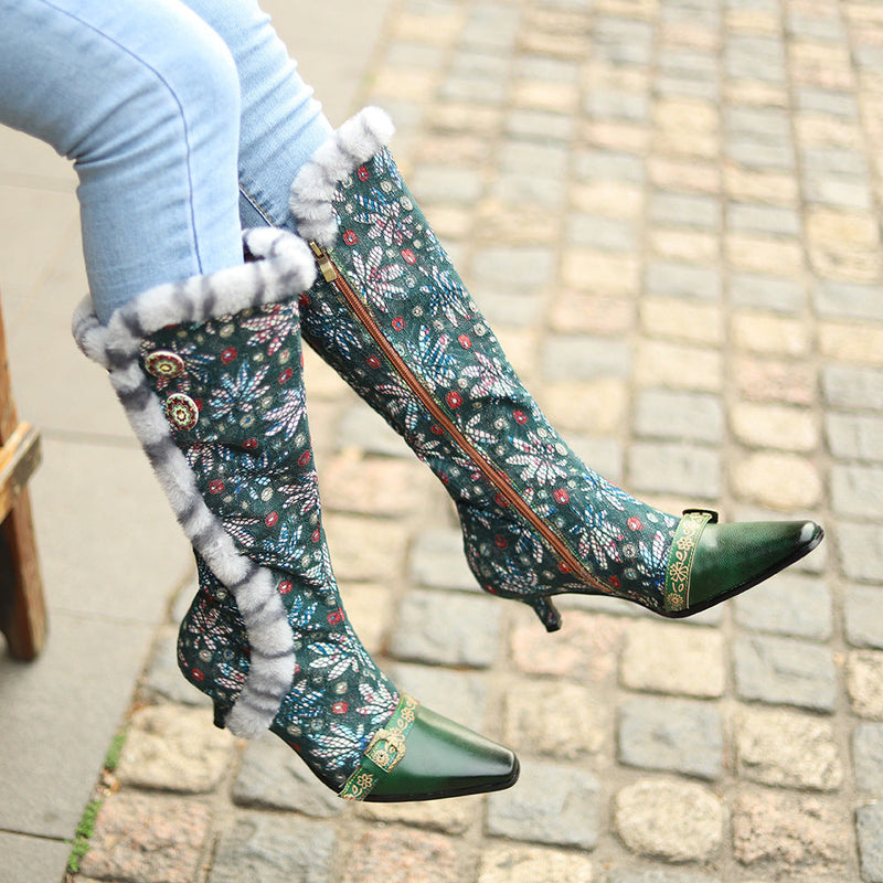 Women's retro green fuzzy trim  kitten heel knee high boots flower embroidery ethnic knee high boots