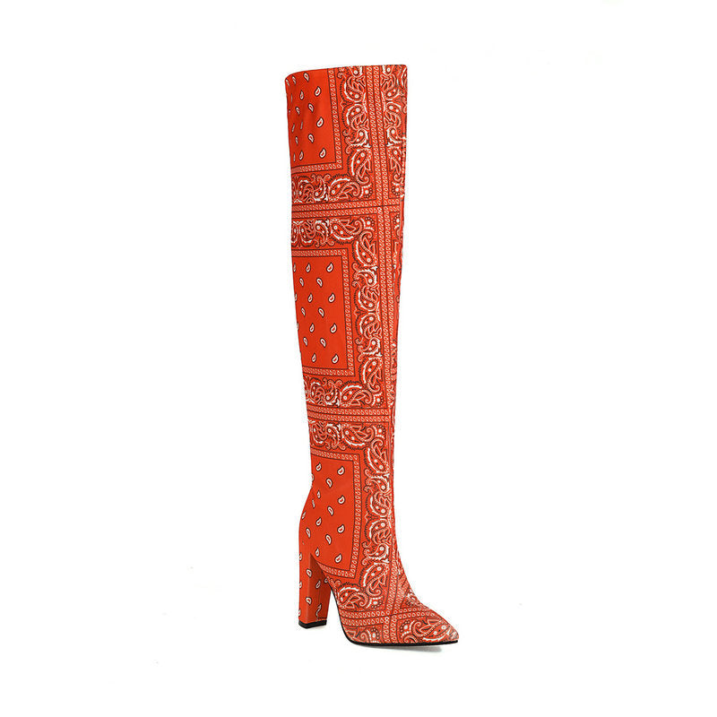 Women's colorful printed thigh high boots Chunky high heels pointed toe over the knee boots