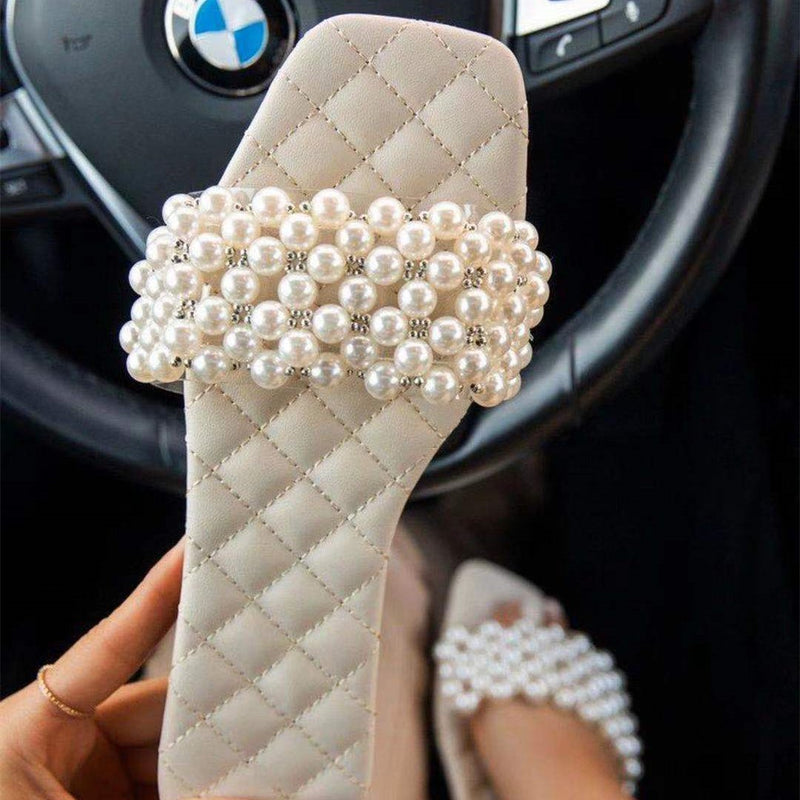 Women's pearls one band slide sandals cute quilted indoor & outdoor slippers