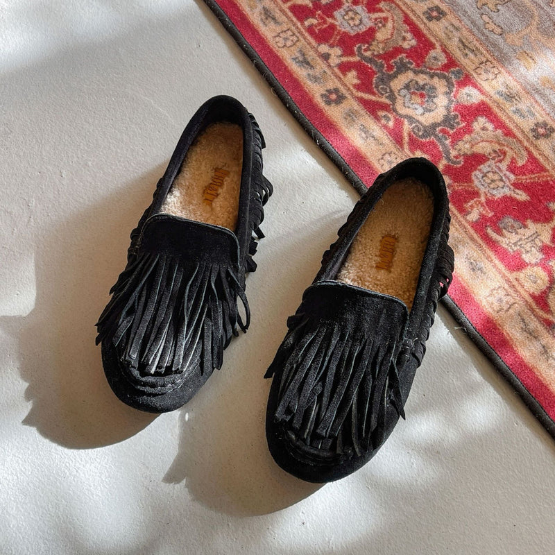 Women's warm plush lined tassels loafers vintage slip on loafers shoes