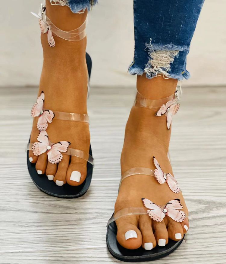 Women's pink butterfly decrations clear strappy sandals flat PVC transparent strappy sandals