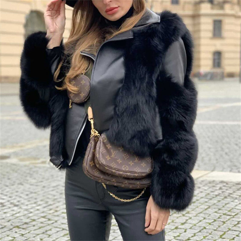 Women's black fur and PU leather patchwork coat
