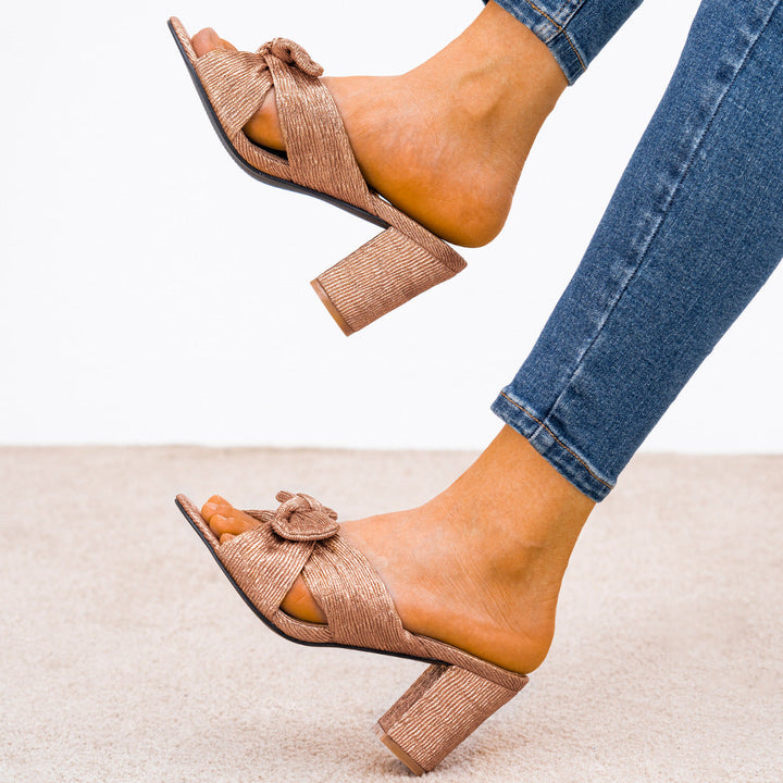 Women's gold rhinestone bow chunky block heels summer peep toe slip on heels