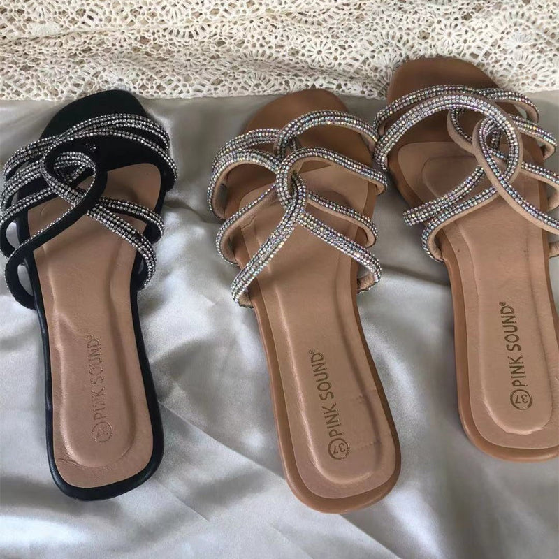 Women's flat rhinestone strappy slide sandals