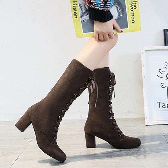 Faux suede lace-up chunky high heel tall boots for women