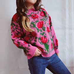 Women's vintage rose flower sweater knitted pullover sweater crewneck